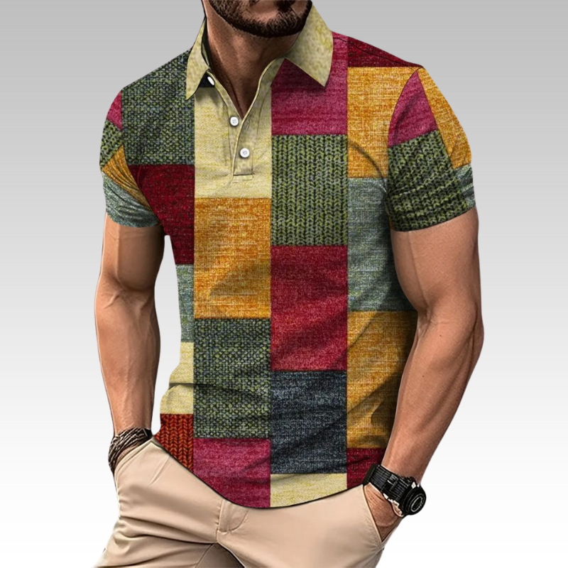 Polo-shirt heren met grafische patchworkprint