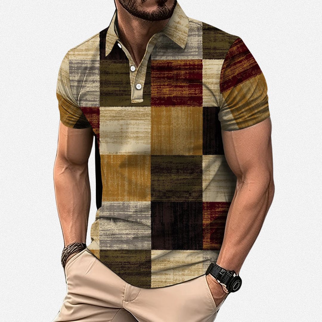 Polo-shirt heren met grafische patchworkprint